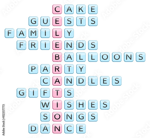 Crossword for the word Celebration and related words: Cake, Guests, Family, Friends, Balloons, Party, Candles, Gifts, Wishes, Songs, Dance (vector illustration)