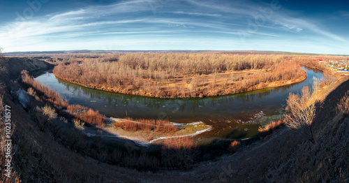 Panoramic beautiful nature landscape of ice debacle river