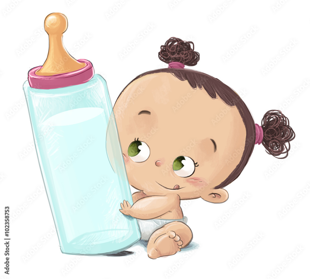 bebe niña con biberon Stock Illustration | Adobe Stock