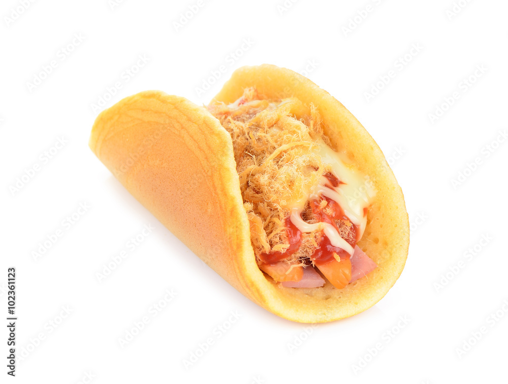 rolled pancakes stuffed ham and cheese on white background rolled pancakes stuffed ham and cheese on white background
