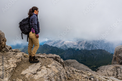 Hiker in Dolomites of Italy