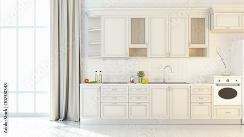 Bright kitchen interior 3D render