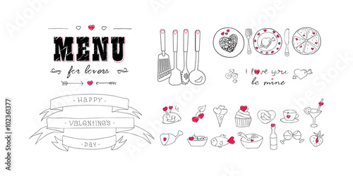Happy Valentine's day. Menu for lovers. Foods with hearts. Doodle decor elements. Hand drawn. Isolated images.
