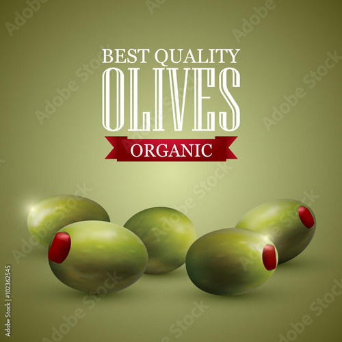 Green olives with paprika and a logo on green background. Vector illustration.