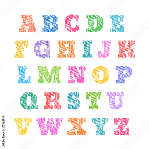 Sketched alphabet, stylized letters, hatched font