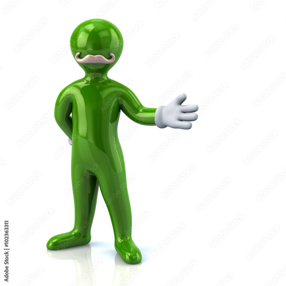 Green man with mustache and arm out in a welcoming gesture Green man with mustache and arm out in a welcoming gesture