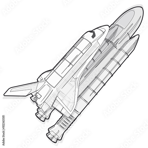 Black and white wire space shuttle on white. Nice american flighting spaceship  - flatten isolated illustration master vector