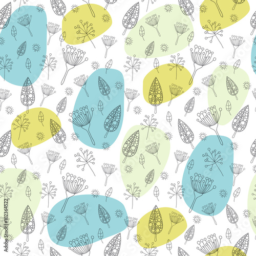 Seamless pattern with graphical leaves, flowers and plants.