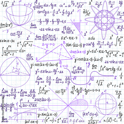 Mathematical vector seamless pattern with figures and formulas, "handwritten on the copybook paper", different colors