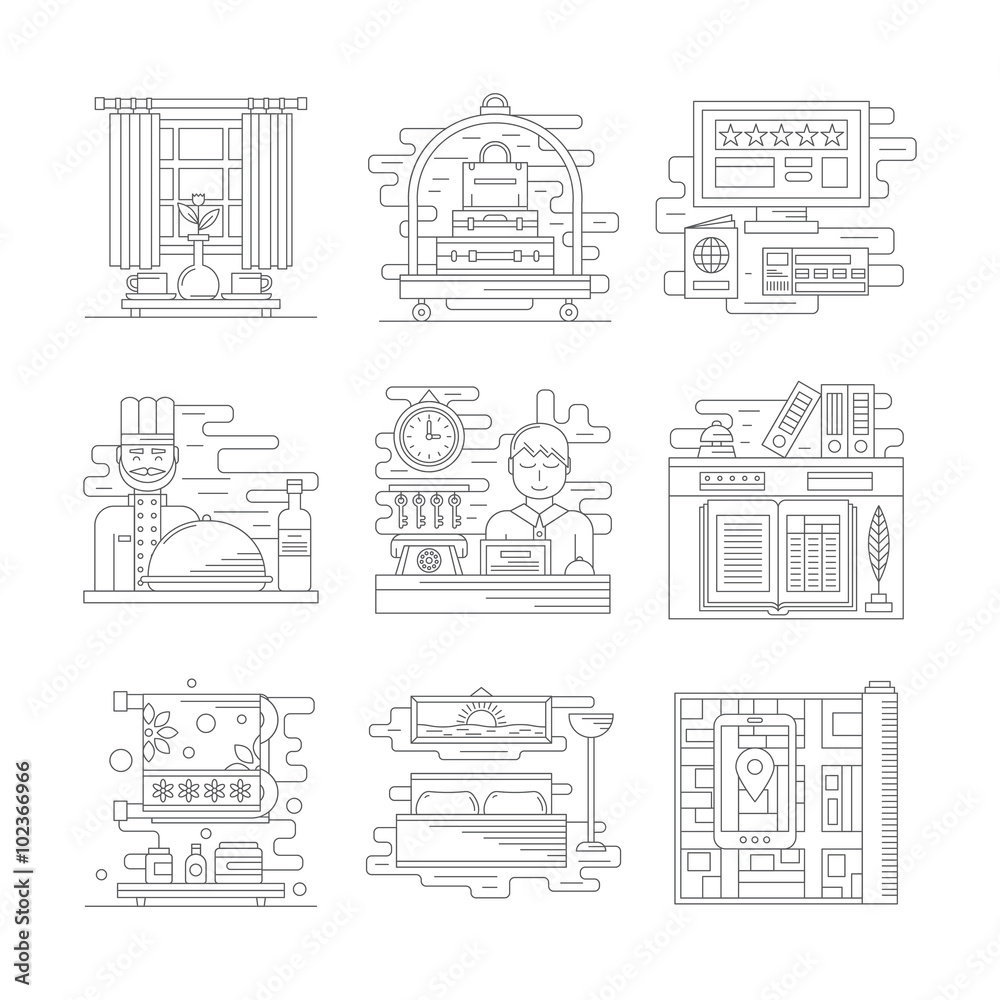 Travel services vector icons flat line style