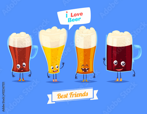 Set of beer characters. Vector cute cartoons 
