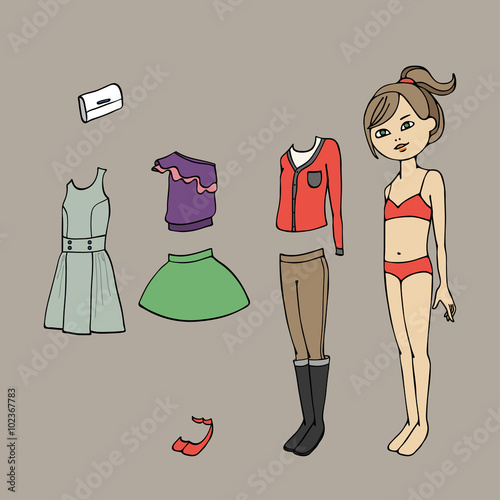 Cute dress up paper doll. Body template, clothing and accessories. Vector illustration