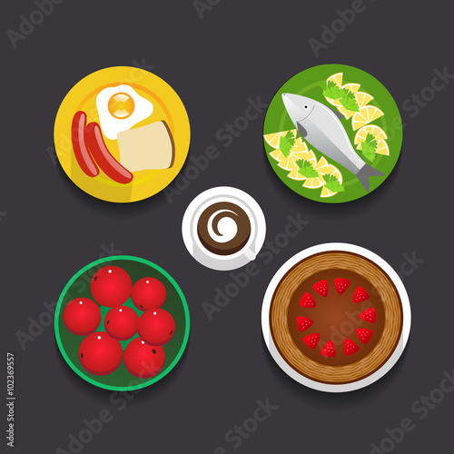 Tasty, gorgeous dishes set isolated on dark background. Web graphics modern flat style food design. 
Premium quality fresh and colorful vector illustration top view icons.
