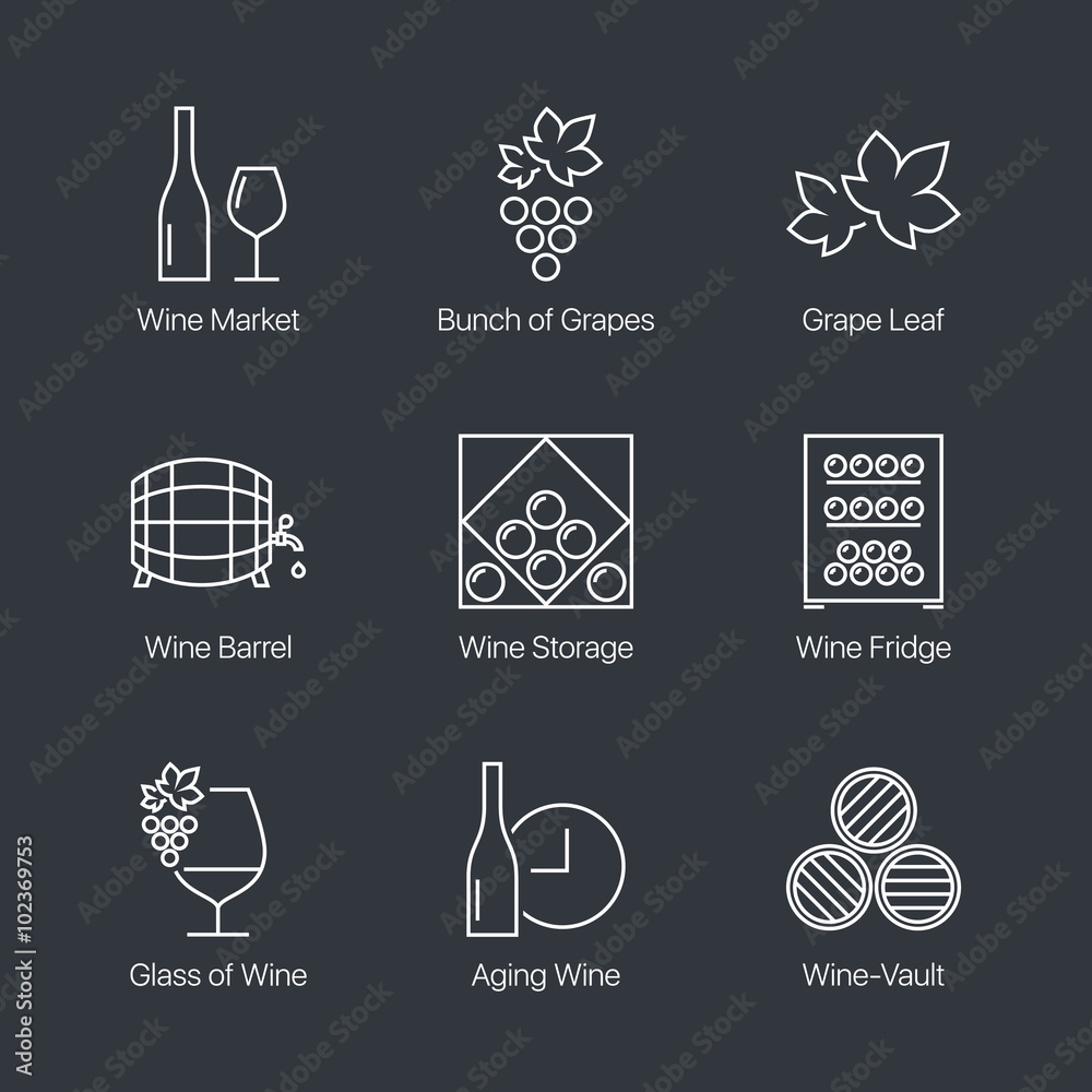 Thin line wine icons set isolated on dark background. Web graphics ...