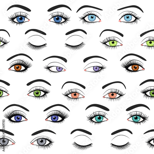 Set of female eyes and brows seamless vector pattern