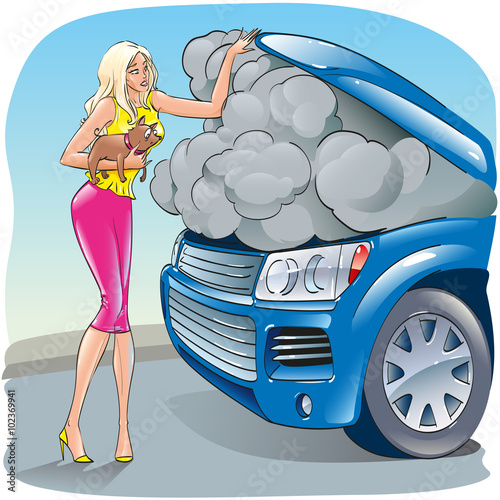 Blonde girl with a small dog standing on the road near the car off-road vehicle whose engine, motor broke down and smokes, going on car insurance to evacuate it to auto repair, accident, vector