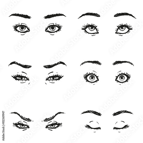 Set female eye with lashes and eyebrows shape and views with different facial expressions and emotions is looking up, fear, anger, contempt, squint, closed eyelids, serenity, surprise, isolated vector