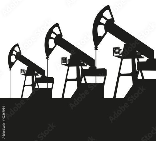Black silhouettes of three oil pumpjack in operation concept of refinery oil resources for design, vector isolated without background for infographic and presentation