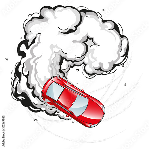 Red car in a skid on the spread smoke at speed leaving the traces of the tread, concept racing motorsport extreme sports, drifting, isolated vector illustration without background