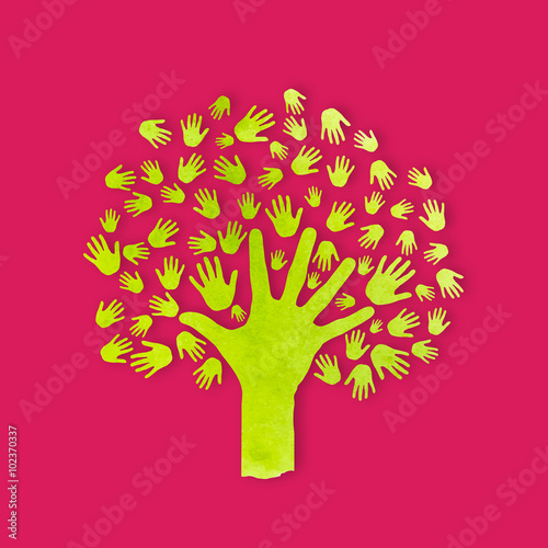 Vector Watercolor Human hands tree. Concept of community, group, friendship, solidarity, network, family.