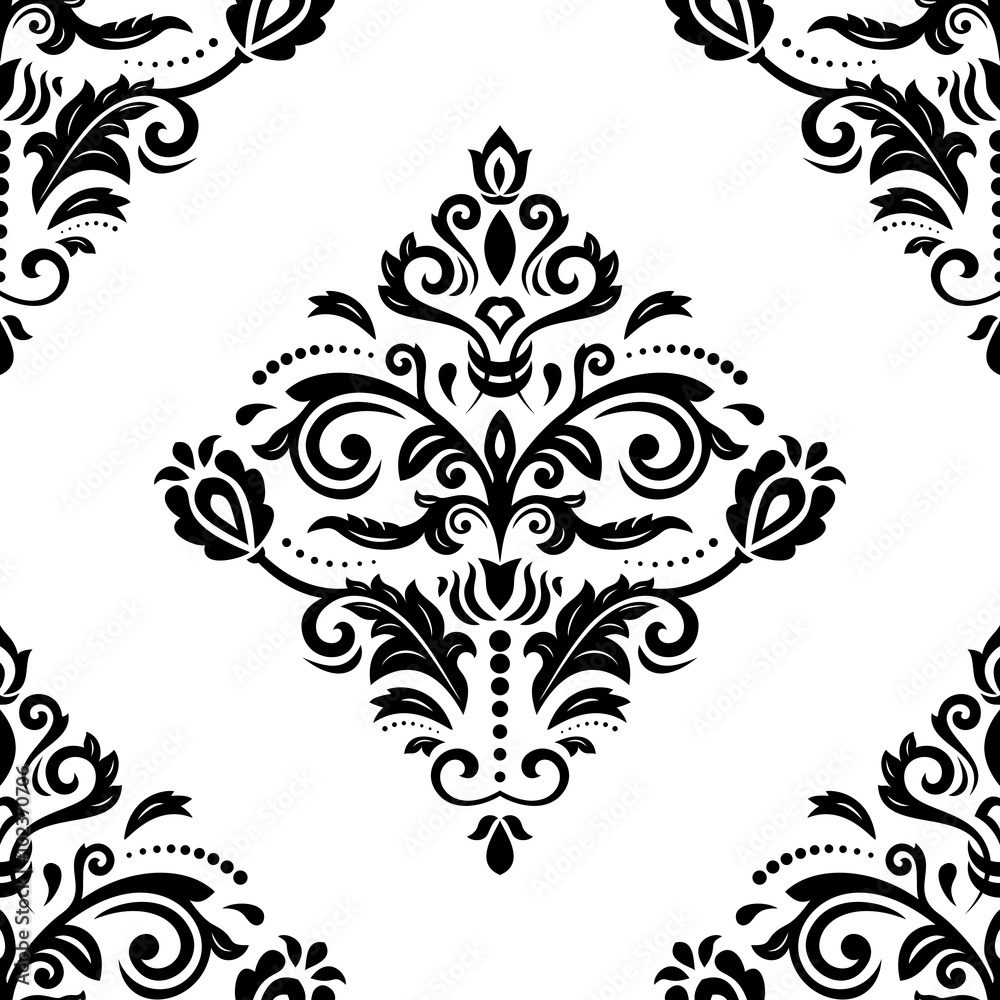 Damask seamless black and white ornament. Traditional pattern. Classic oriental background