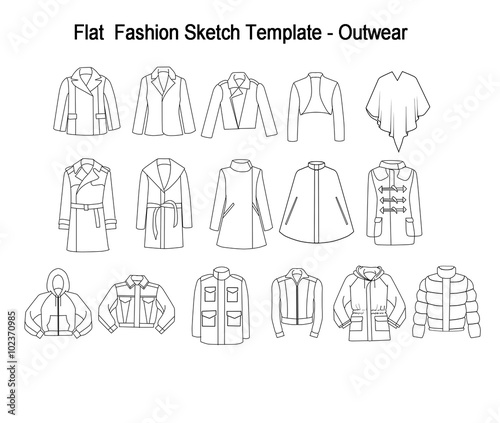 Collection Set of techincal and Industrial Flat fashion template - Library of coats and outwear 