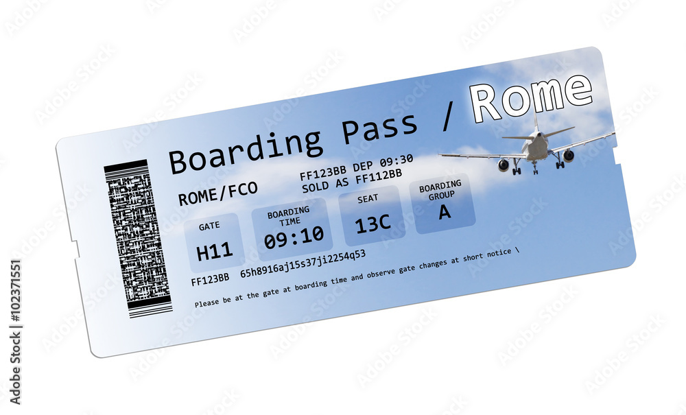 Airline boarding pass tickets to Rome isolated on white Illustration Stock  | Adobe Stock