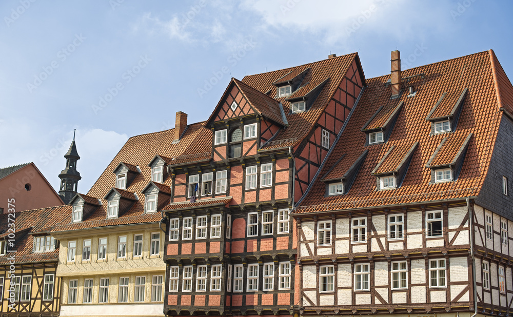 typical German medieval half-timbered houses in the historic old town centre of Quedlinburg, Germany, Europe, UNSECO World Heritage Site