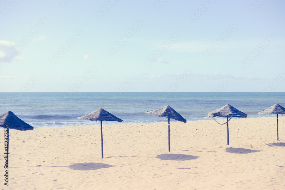 Exotic beach with palm tree umbrellas, golden sand, azure water