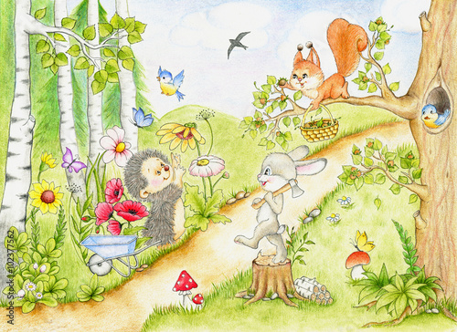 Hedgehog  bunny and squirrel in the woods