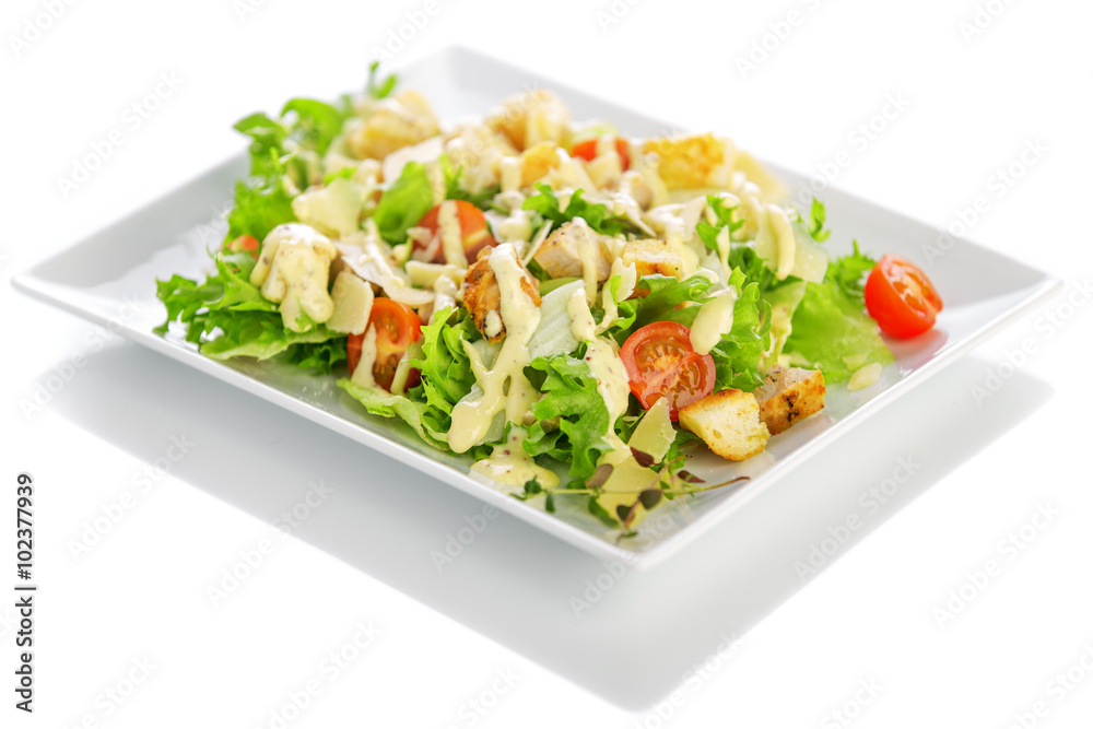 Isolated delicious ceasar salad on a white plate with a white background Isolated delicious ceasar salad on a white plate with a white background