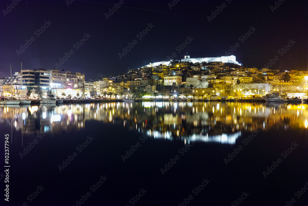 Panoramic night photo of Old Town of Kavala,  East Macedonia and Thrace, Greece