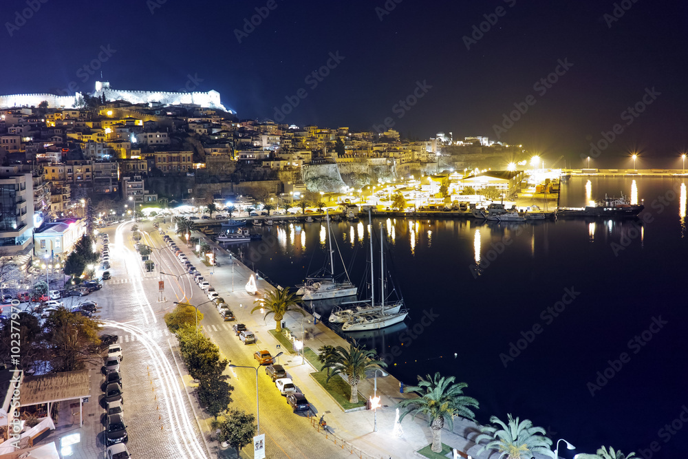 Amazing night photo of embankment and old town of Kavala, East Macedonia and Thrace, Greece