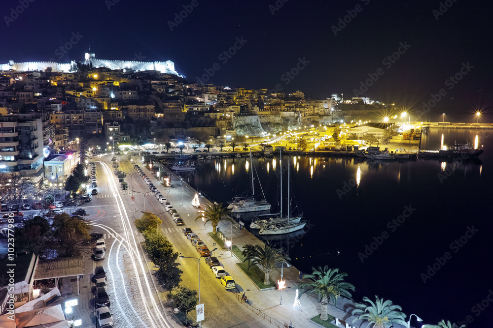 Amazing night Panorama of port and old town of Kavala, East Macedonia and Thrace, Greece
