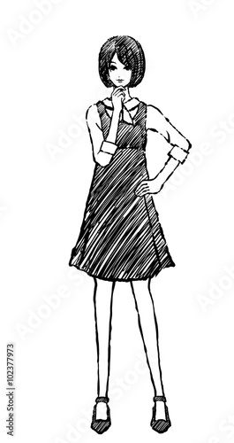 女性 / 白黒 / 顎に手ポーズ
