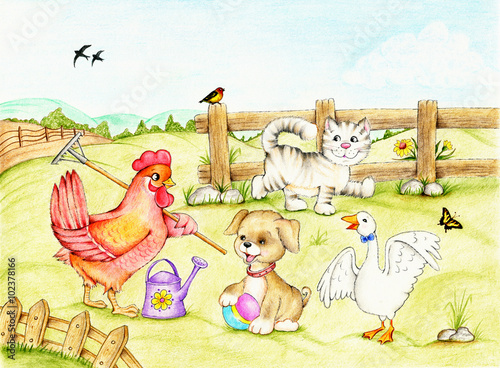 Red hen, dog, cat and goose