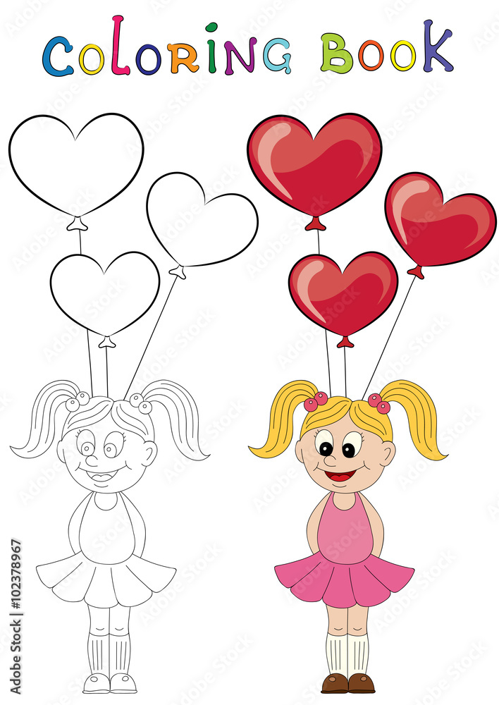 Illustration of a cartoon girl with balloons in the form of heart Illustration of a cartoon girl with balloons in the form of heart