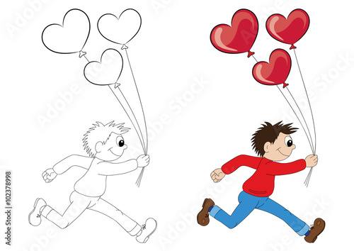 Illustration of a cartoon boy running with balloons in the form of heart