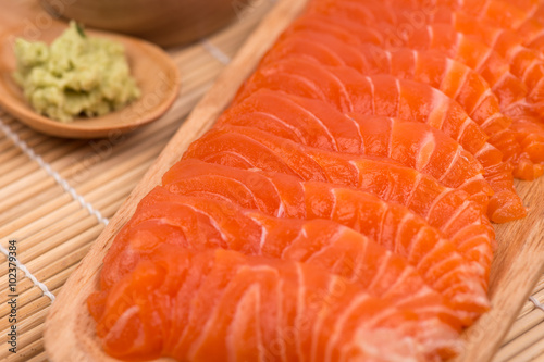 Sashimi salmon sliced with wasabi
