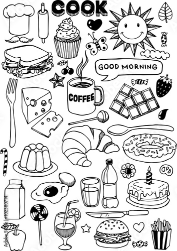 set of hand drawn cooking doodles on white background