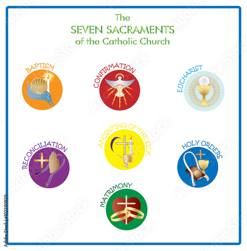Symbols of the seven sacraments of the Catholic Church. Color vector