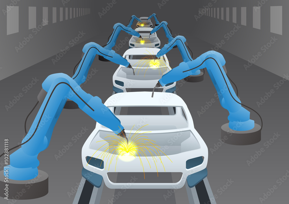 manufacturing line of a automotive factory and welding robots, factory automation image, vector illustration - obrazy, fototapety, plakaty 