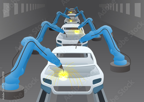 manufacturing line of a automotive factory and welding robots, factory automation image, vector illustration