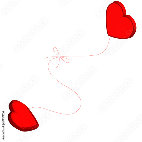 Two hearts tied together with red thread.
