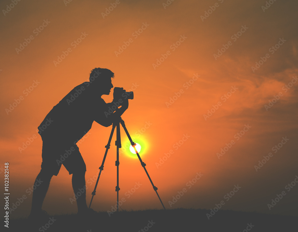 Young Photographer Camera Shooting Sunset Sunrise Concept