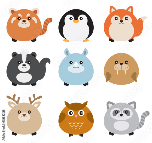 Vector illustration of cute chubby animals including red panda, penguin, fox, skunk, rhino, walrus, deer, owl, and raccoon.