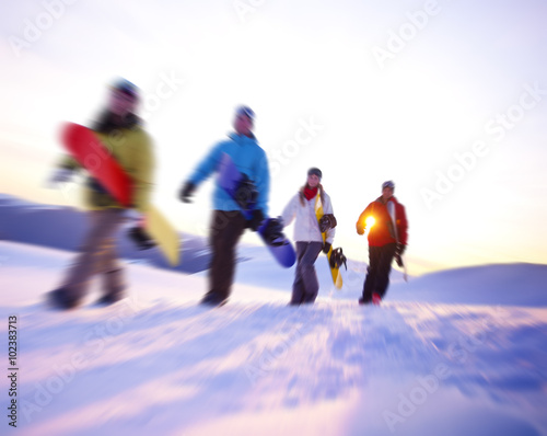 People Snow Boarding Winter Mountain Leisure Sport Concept