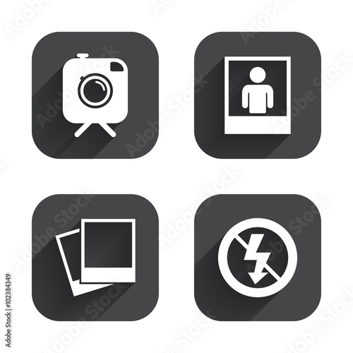 Photo camera icon. No flash light sign.