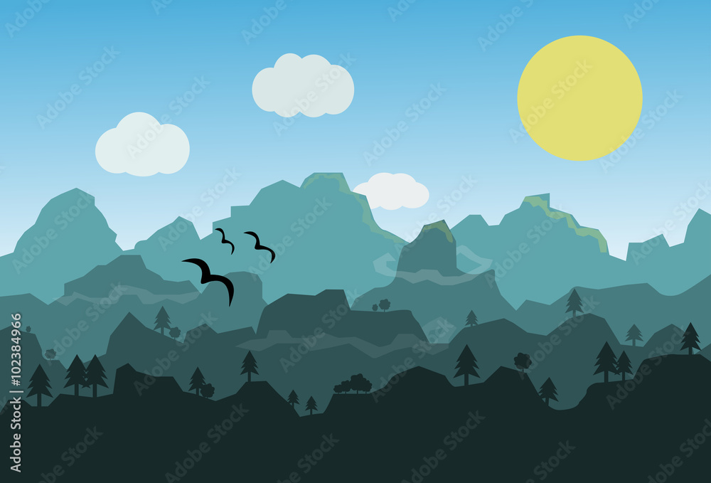 Flat landscape with mountains over the Moon. Vector Illustration.