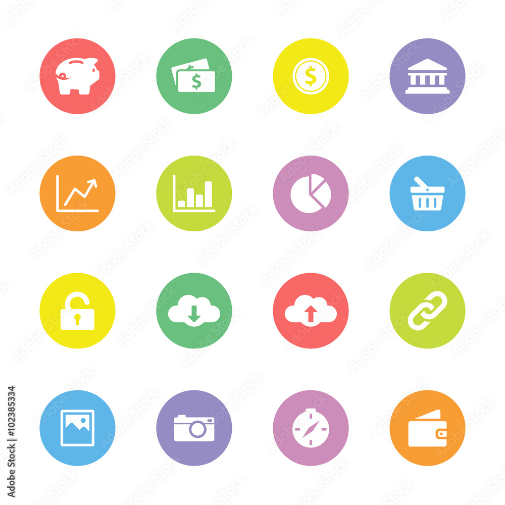 Colorful simple flat icon set 4 on circle - for web design, user interface (ui), infographic and mobile application Colorful simple flat icon set 4 on circle - for web design, user interface (ui), infographic and mobile application
